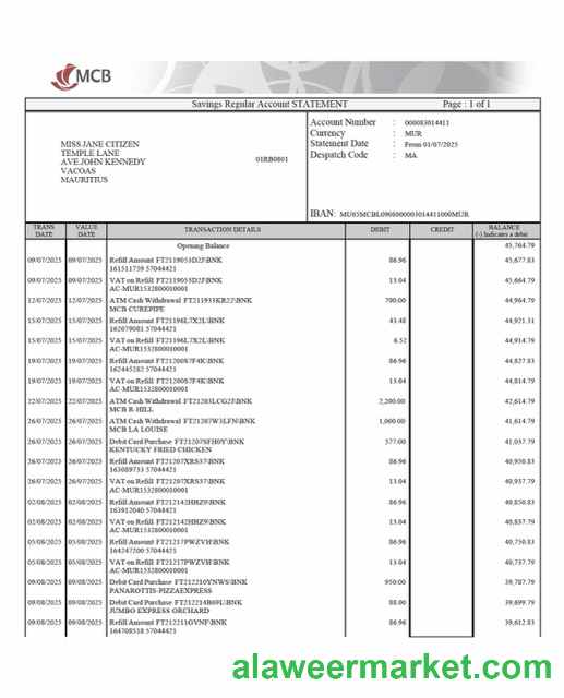 Mauritius Commercial Bank (MCB) account statement Word and PDF template